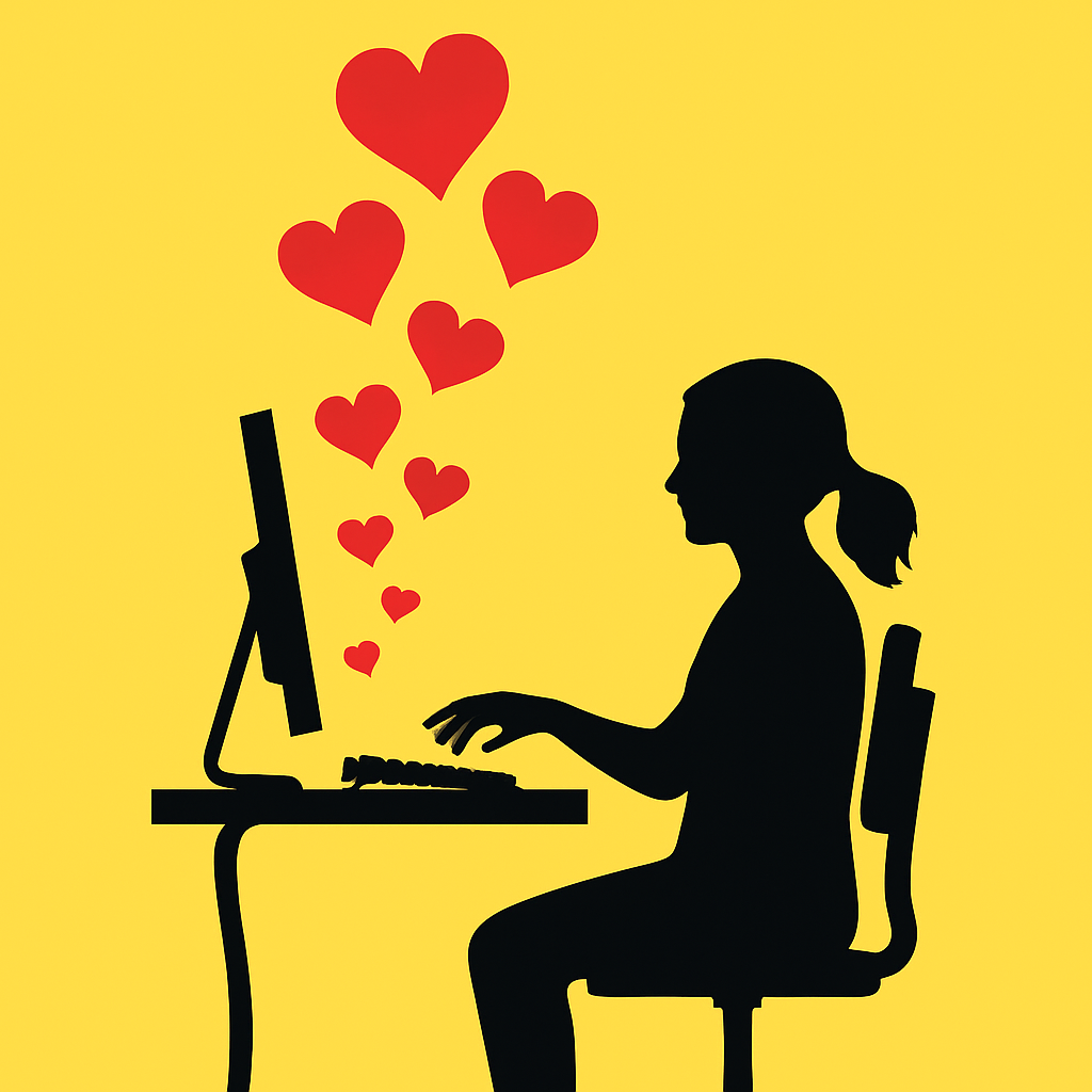 Woman sitting in front of a computer with hearts floating from the screen.