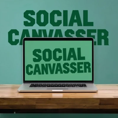 A laptop sits on a desk that says, "Social Canvasser."