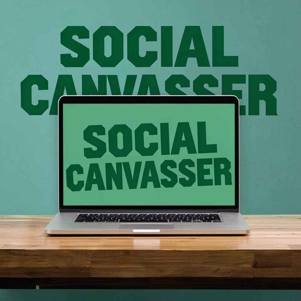 A laptop sits on a desk that says, "Social Canvasser."